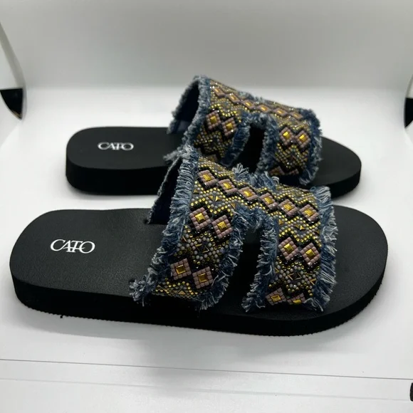 BRAND NEW Cato Beaded Denim Fringe Slide Sandals - Size 7 - Picture 4 of 4